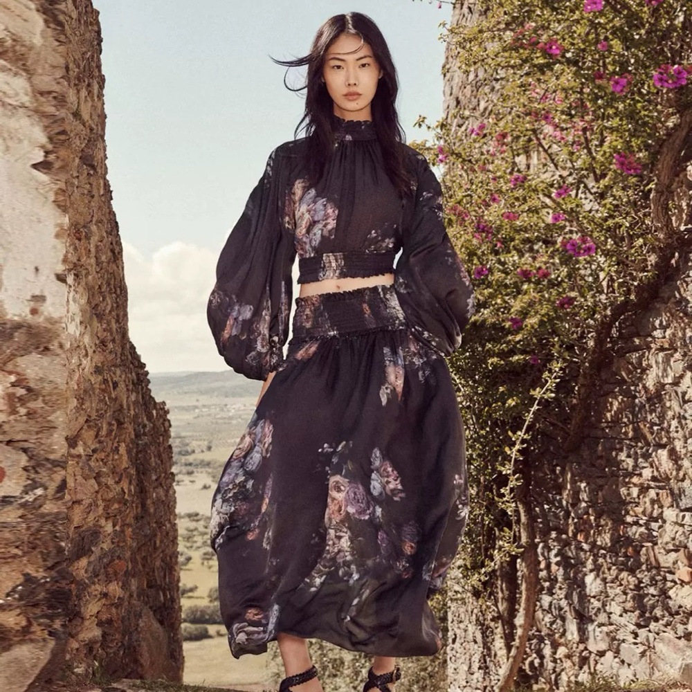 Designer-style Floral Long Sleeve Two-piece Blouse and Skirt Dress Set